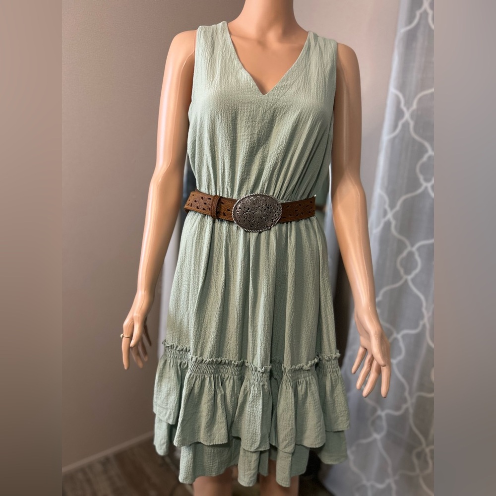 Calvin Klein Light Green V-Neck Midi Dress with Belt